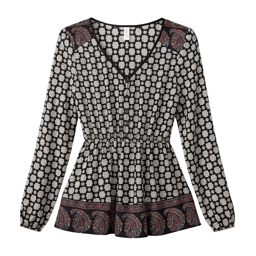 Xhilaration Womens Long Sleeve Romper Black Geometric Paisley Print Size M